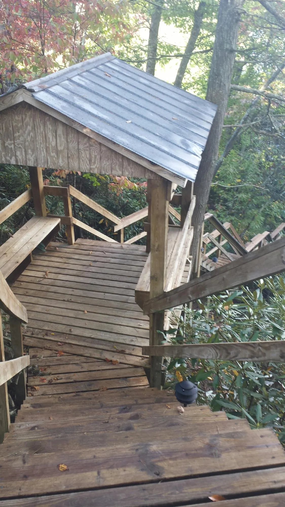 Metal roofed shelter over wooden steps on a wooded walkway — Skylight Repair & Installation work by our crew in East Texas
